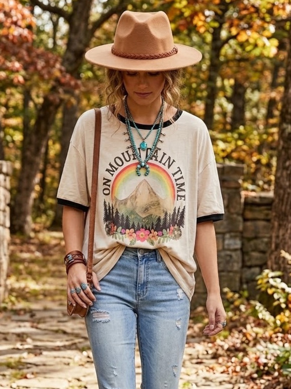 Natural Life On Mountain Time Oversized Graphic Ringer T-Shirt M Boho Retro